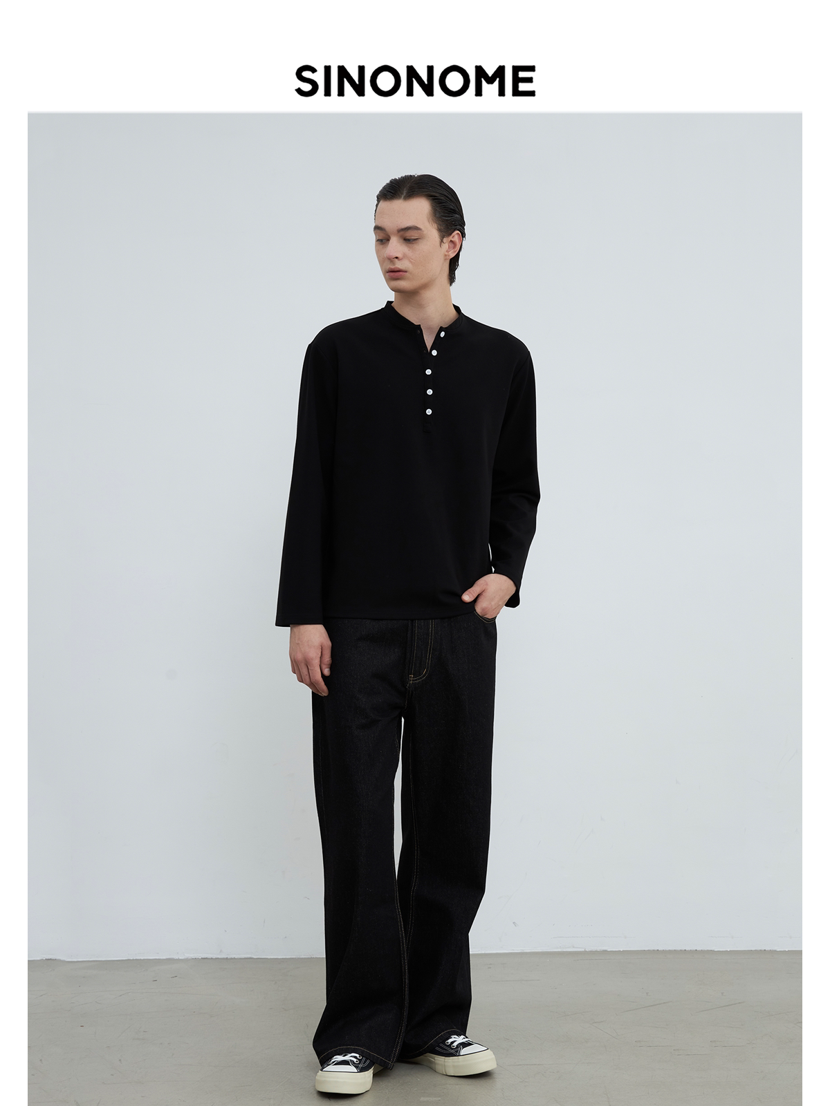 SINONOME  anti-wrinkle henry neck basic long sleeve short T-shirt cleanfit
