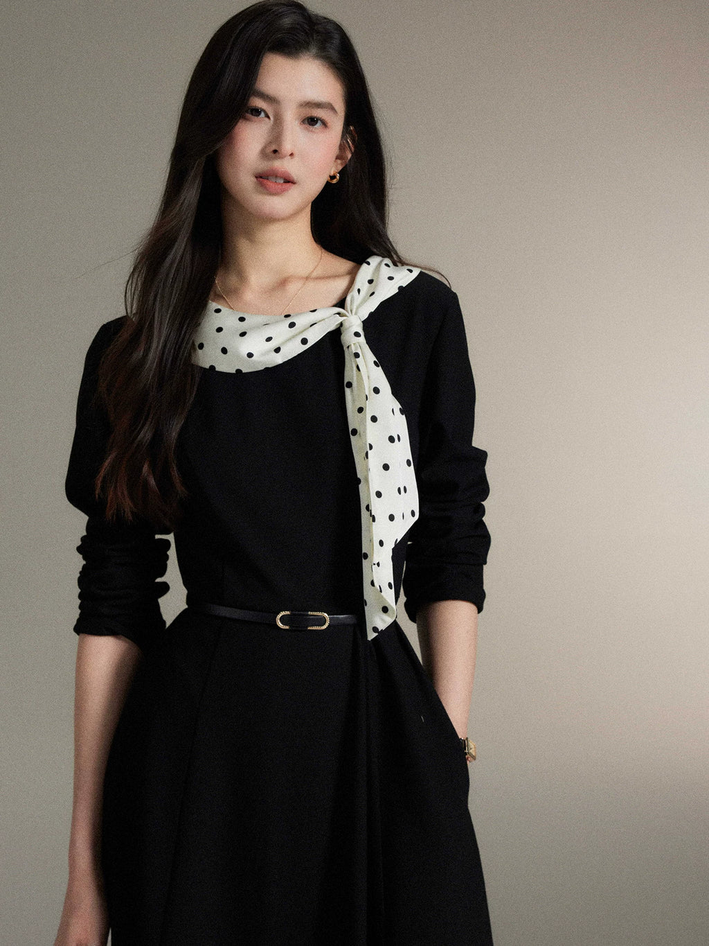 TYANG Temperament Polka Dot Streamer Collar Dress