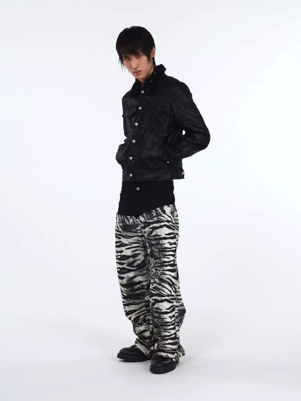 DETW Zebra-striped Slanted Waist Straight Stack Visual Jeans