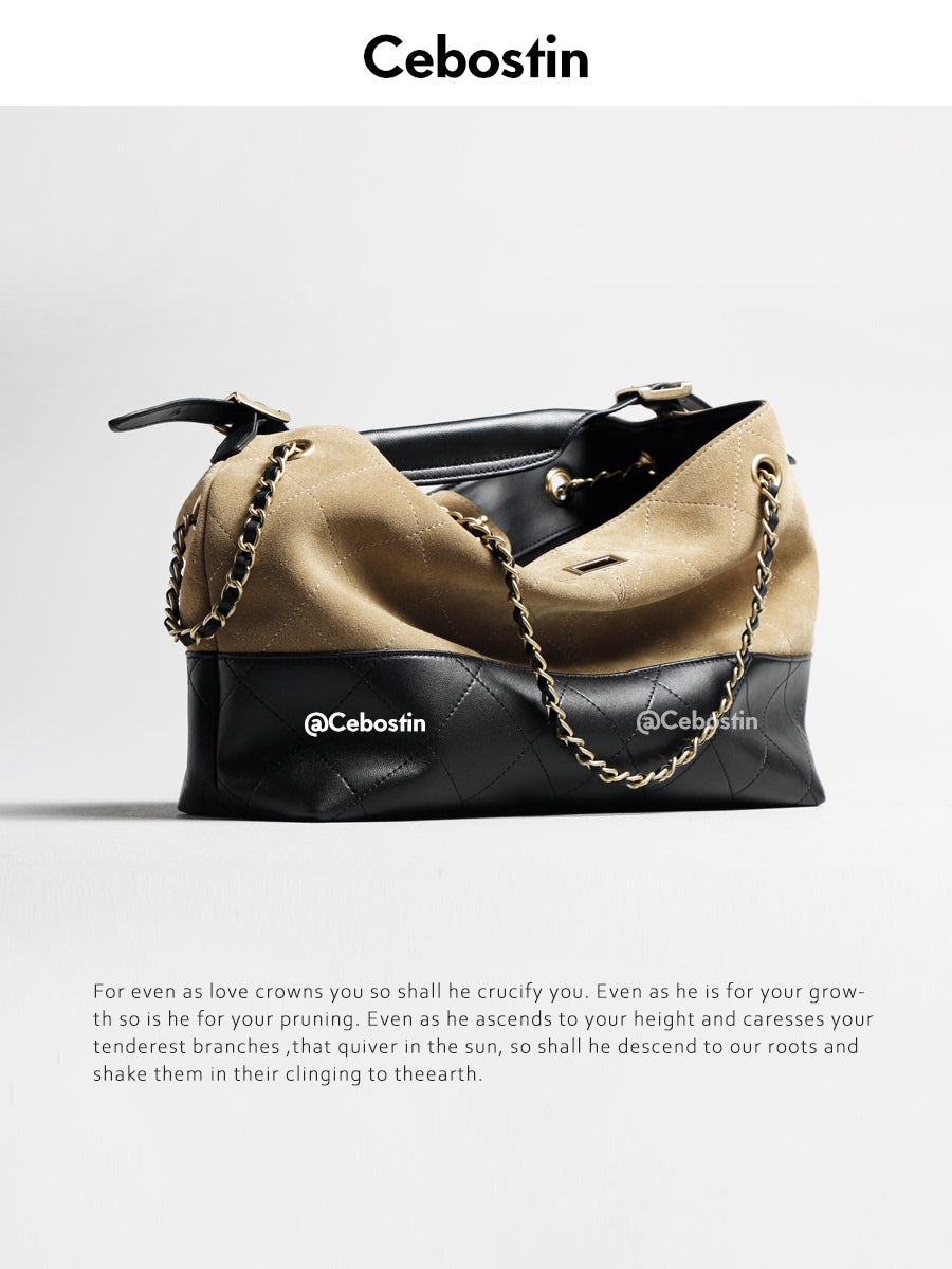 Cebostin Rhombus Splicing First Layer Cowhide Large Capacity Armpit Bag