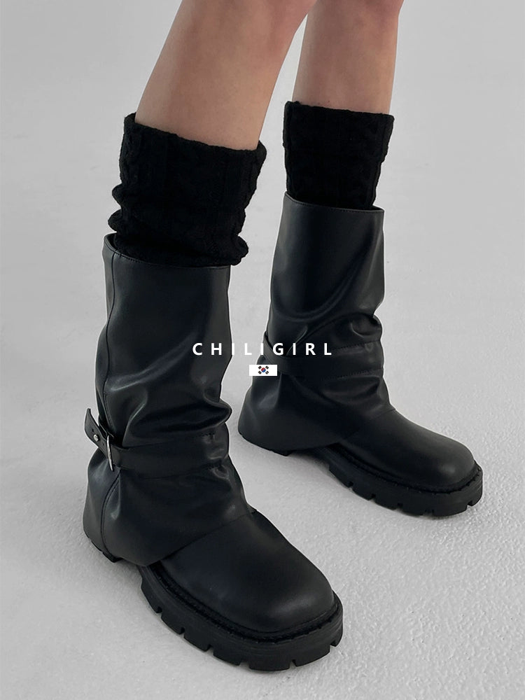 CHILIGIRL Belt Pleated Handsome Stacked Pants Tube Boots