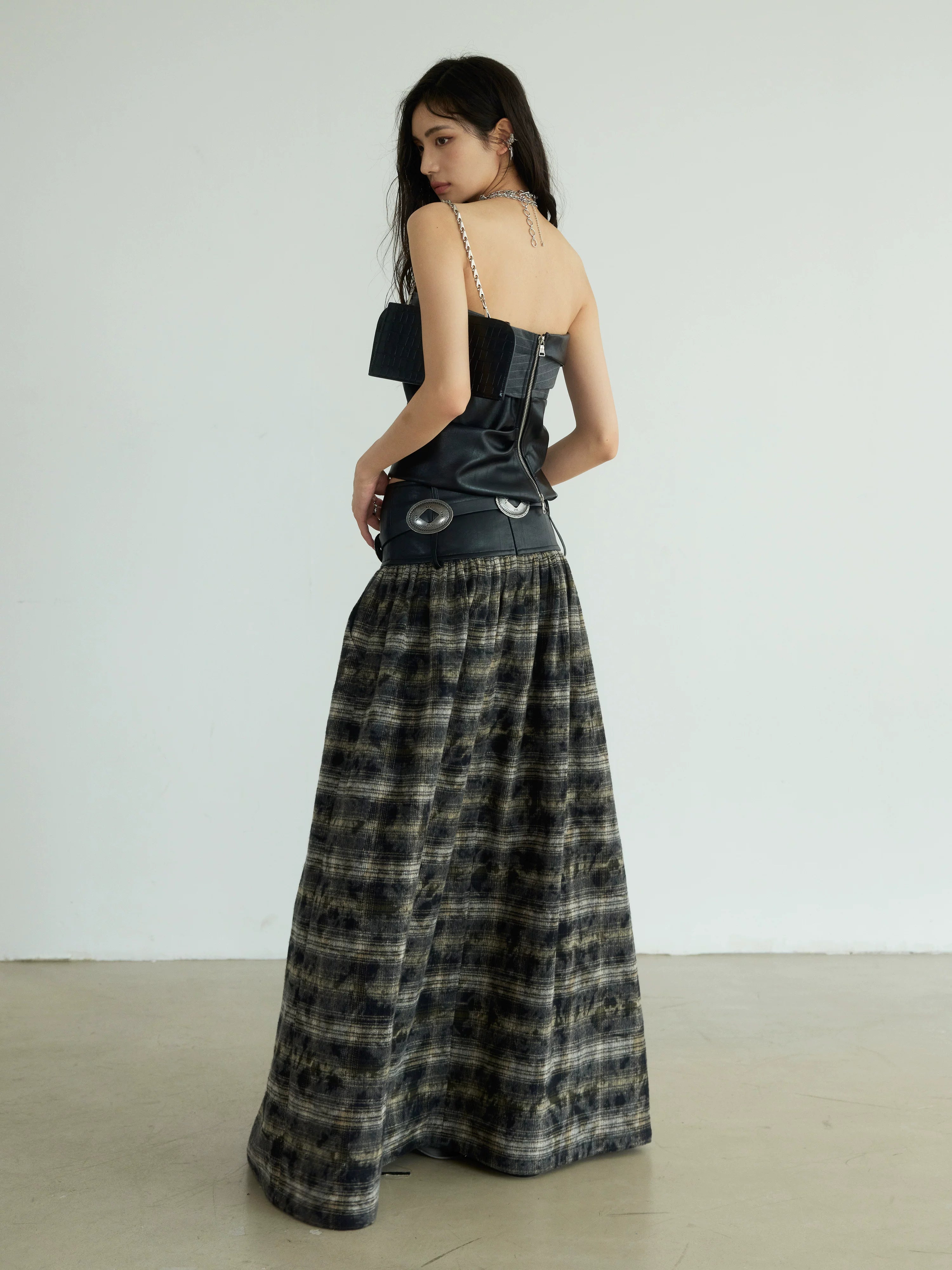 JNYLON Retro Plaid Super Long Skirt