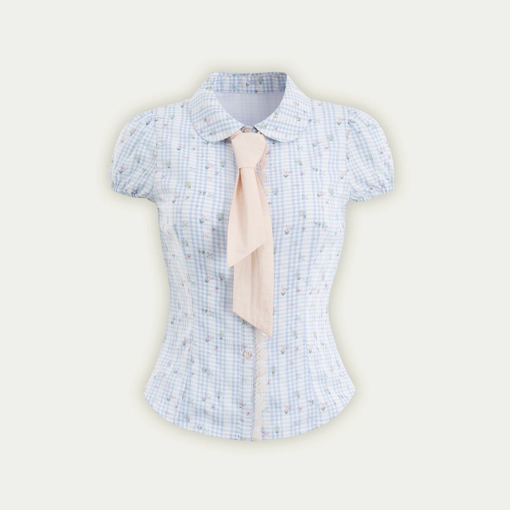 SunsetPark Floral Contrasting Plaid Shirt Pleated Skirt Set