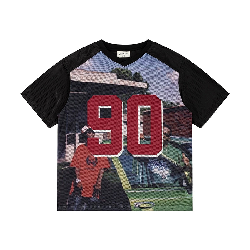 CoosRetro Vintage Street Print V-Neck Jersey Tee