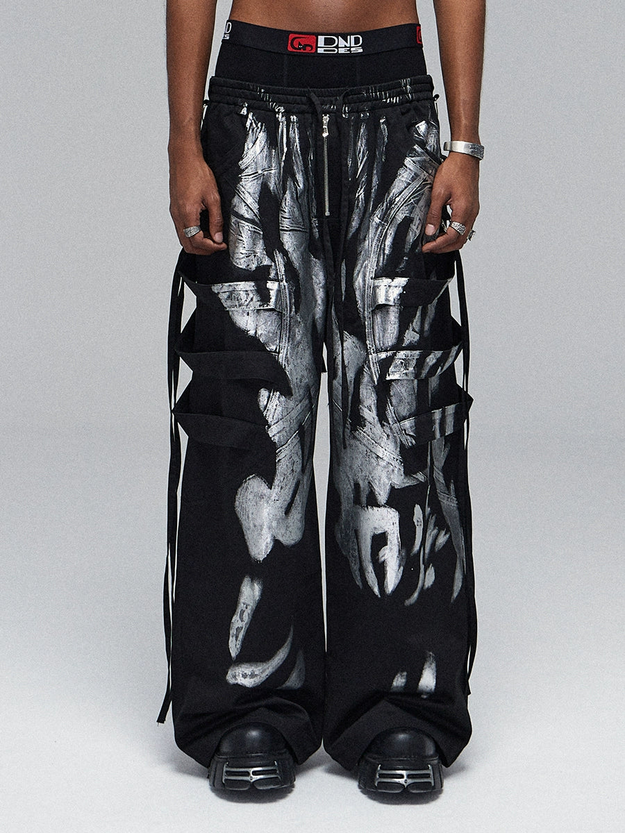 DND4DES Deconstruction Wind Heavy Industry Brush Silver Streamer Drawstring Overalls