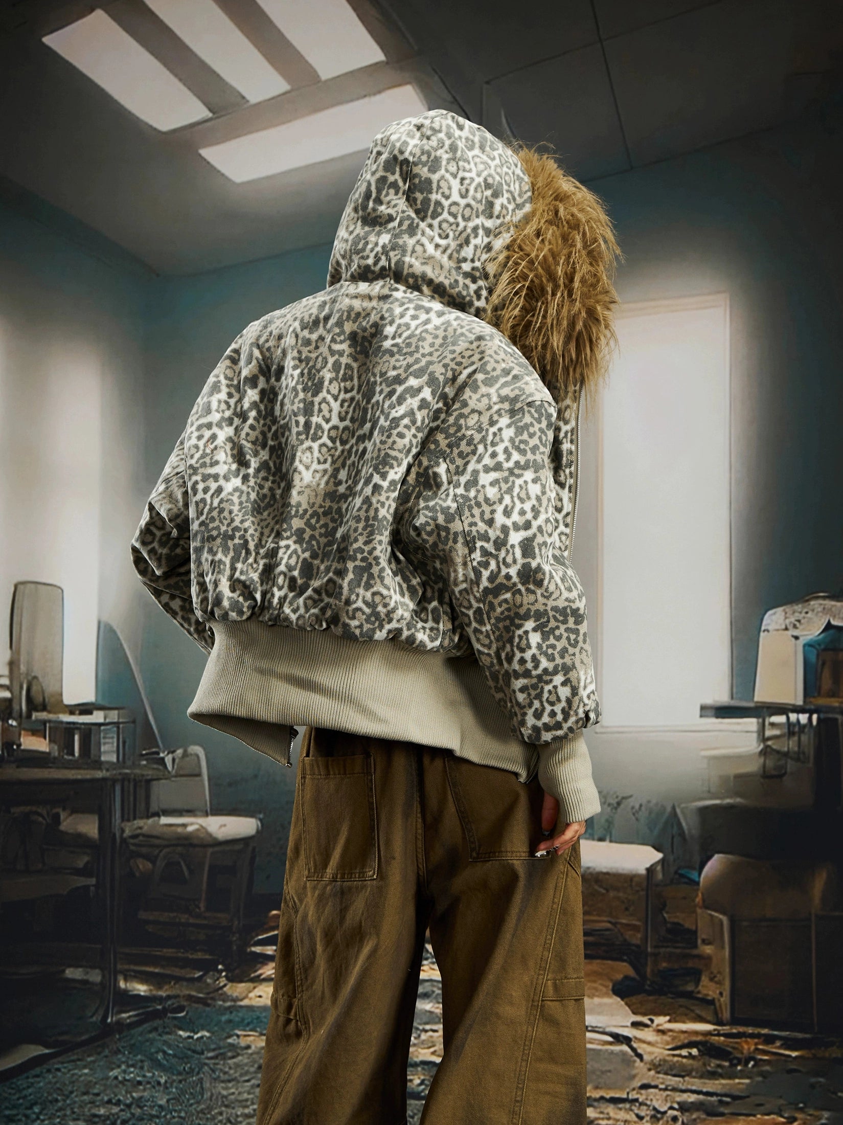 NOMANIAI Big Fur Collar Hooded Leopard Print Short Wide Cotton Suit