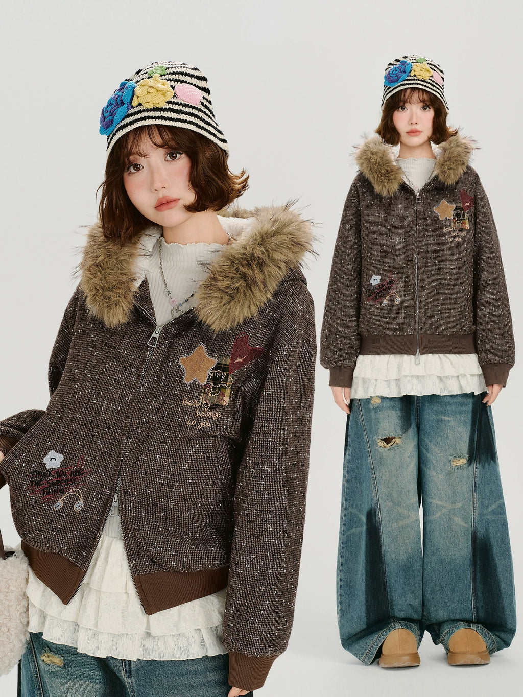 Girlyhalo Vintage Fur Collar Hooded Embroidered Jacket