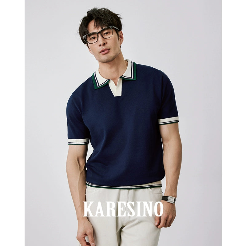 KARESINO Cold Silk Cool Color Contrasting Splicing Knitted Polo Shirt