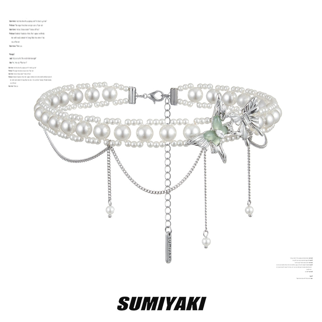 SUMIYAKI Mint Green Fritillary Butterfly Pearl Clavicle Chain