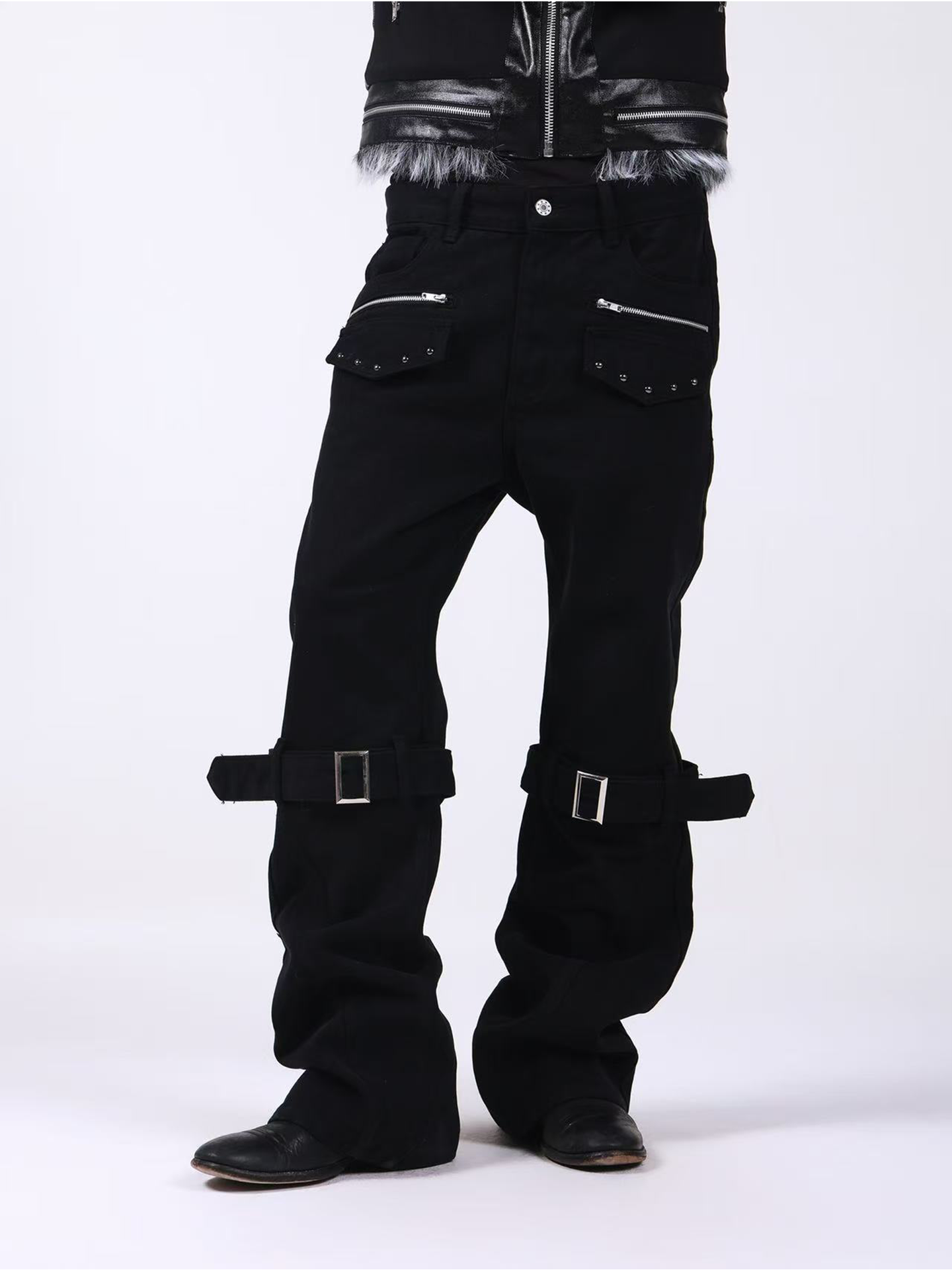 DETW Metal Zipper Strap Adjustable Stacked Jeans