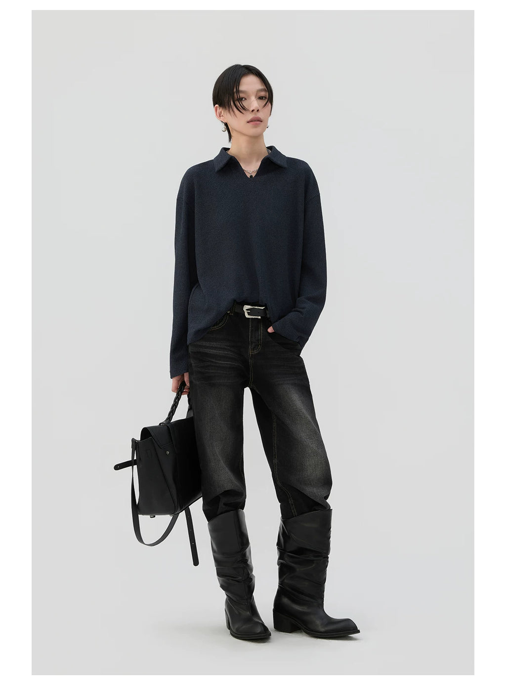 Sameuoo Polo Neck Loose Long Sleeves