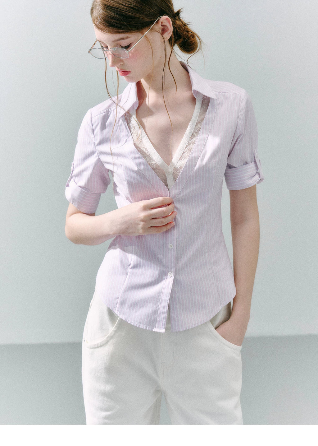 LOST FOREST Low-neck Lace Fake Two-piece Slim-fit Shirt