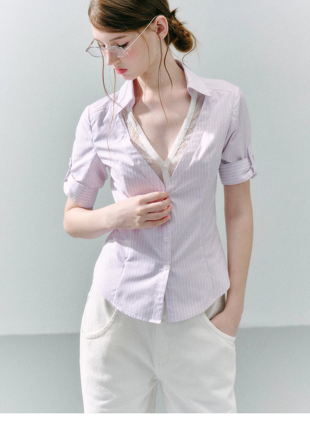 LOST FOREST Low-neck Lace Fake Two-piece Slim-fit Shirt