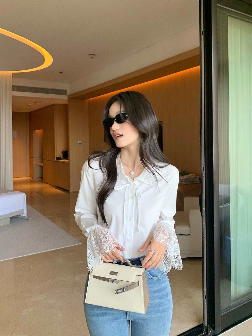 Pusumede Lace Stitching Long Sleeve Shirt