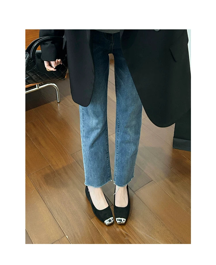 CHRNDXEE Splicing Metal Square Head Shallow Mouth Low Heel Single Shoes