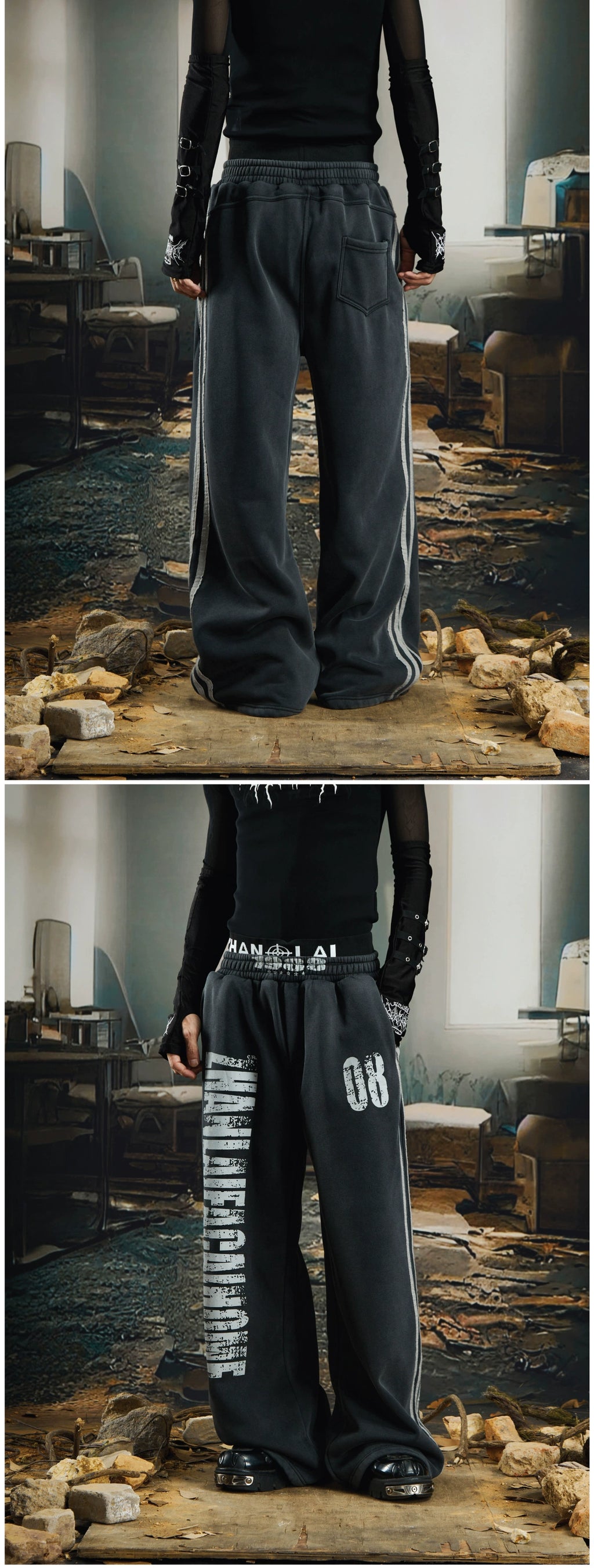 NOMANIAI Dirty Dyed Mottled Print Loose Striped Sweatpants