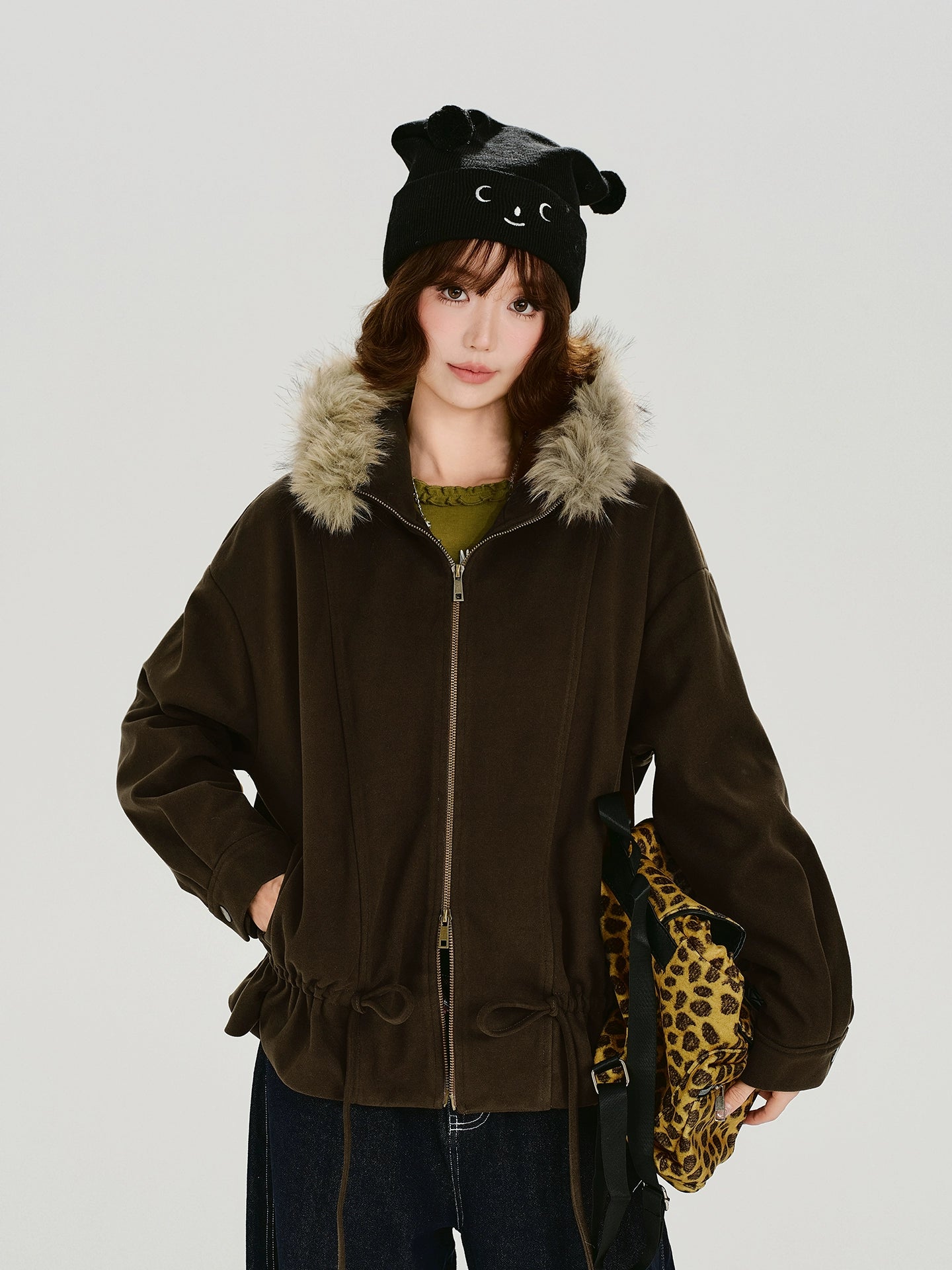 Girlyhalo Drawstring Hooded Fur Collar Jacket