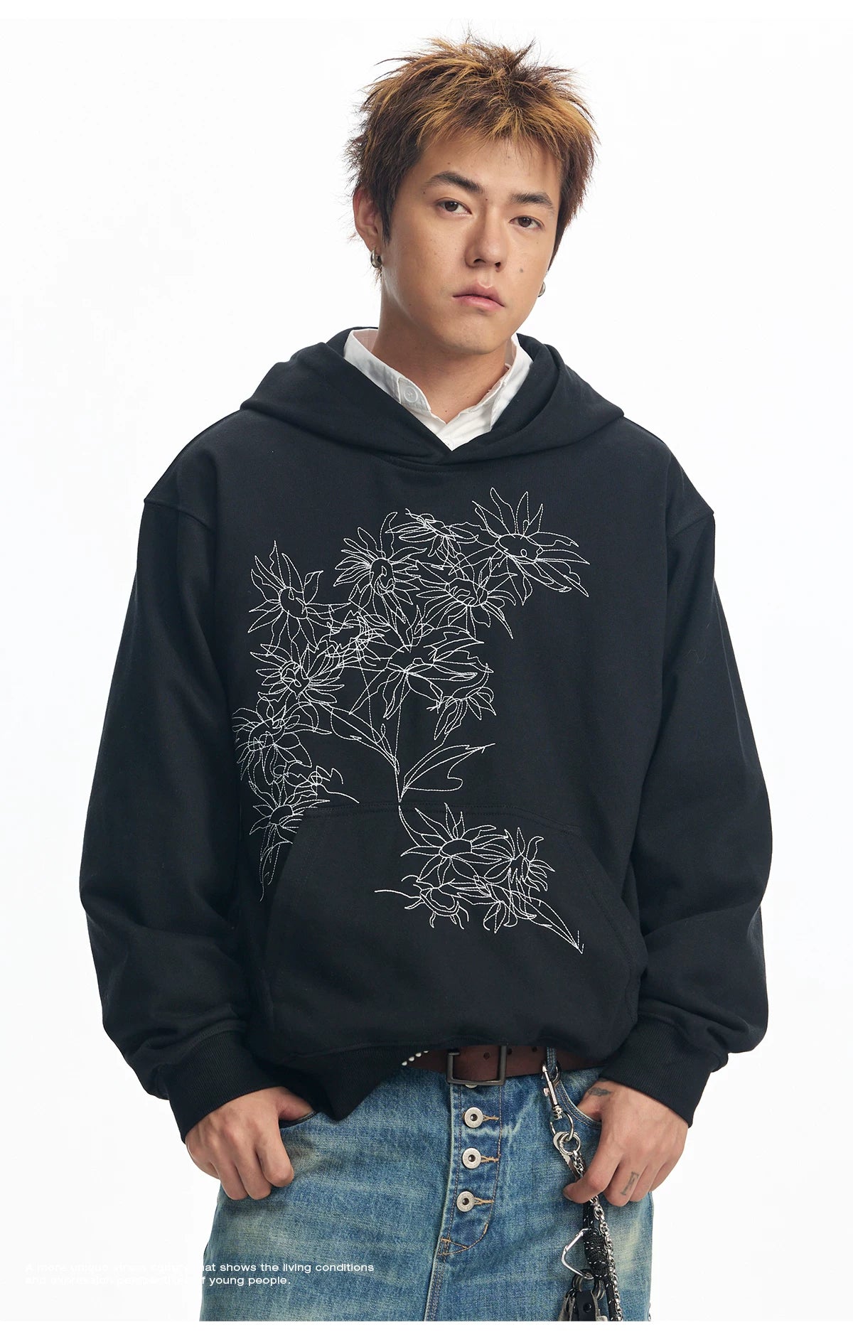 CoosRetro Line Embroidery Contrasting Hooded Sweater