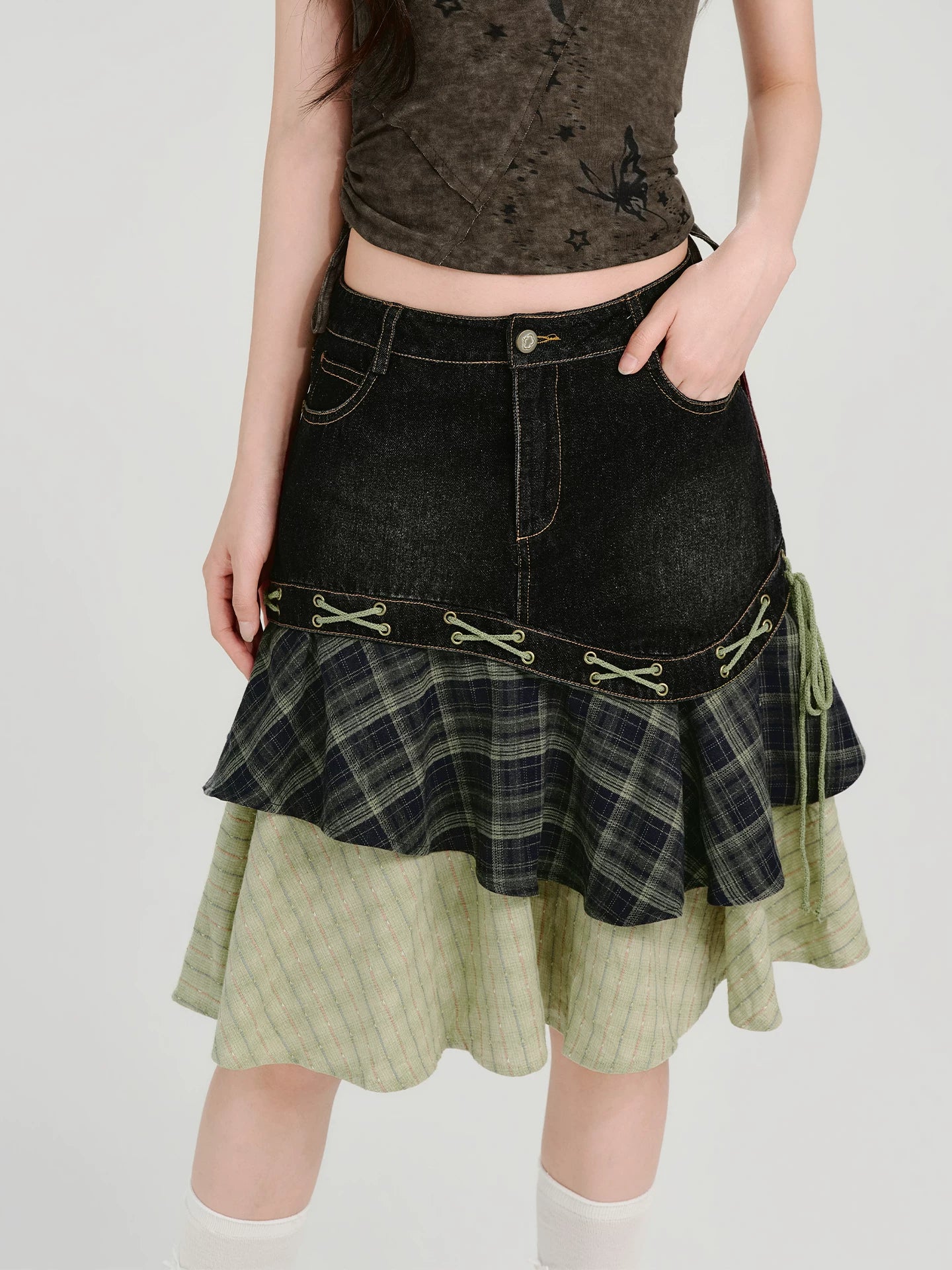 Girlyhalo Vintage Multi-layer Patchwork Denim Skirt