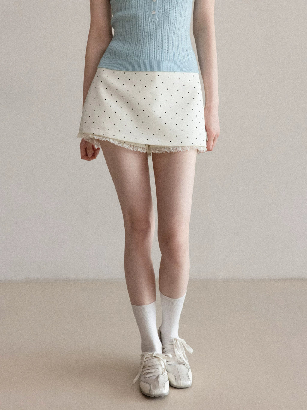 Cantonstory V-neck Slim-fit Knit Tee High-waisted Polka Dot Lace Midi Skirt Set