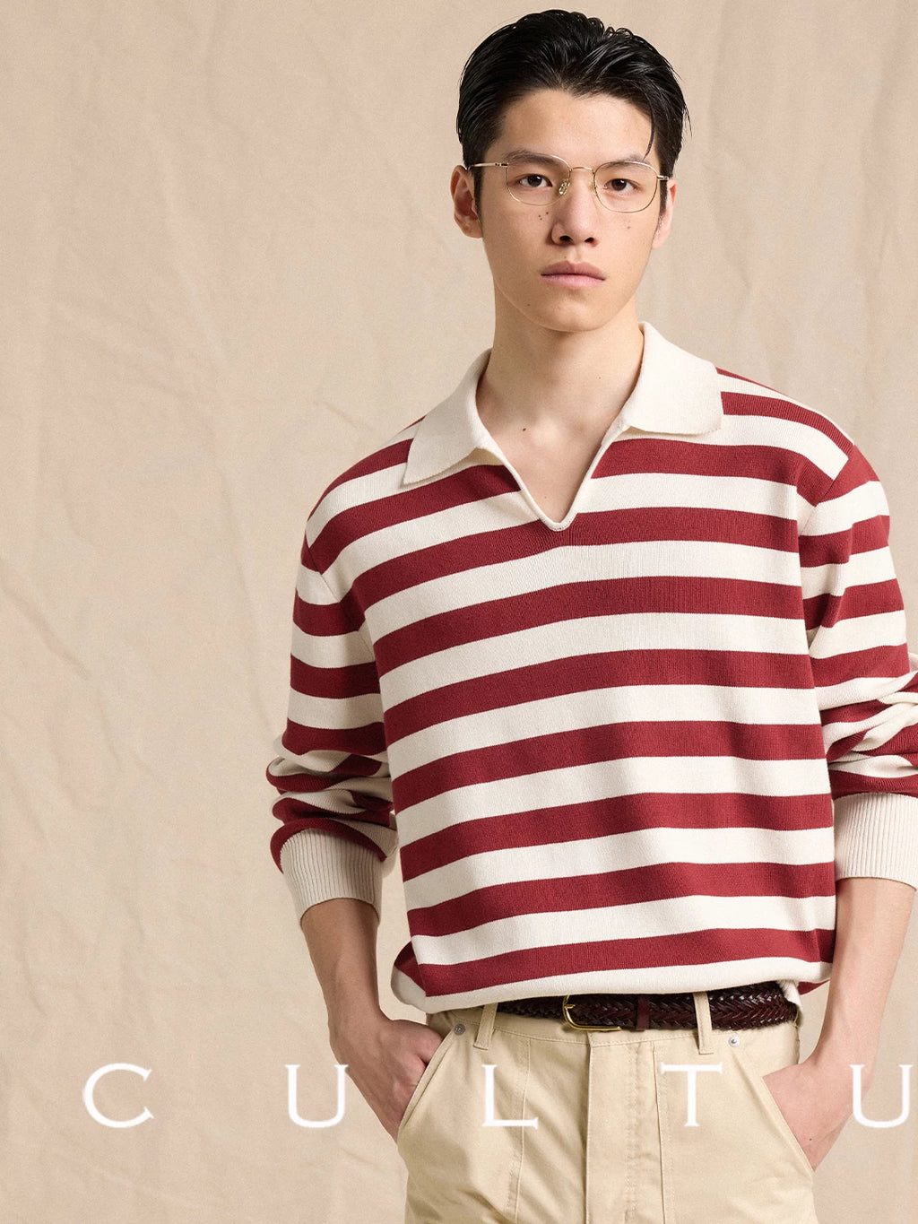 CULTUM Lapel Knit Striped Long Sleeve