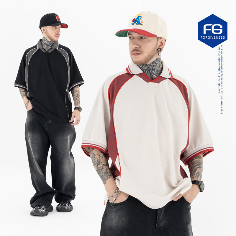 (Clearance) FORGIVNESS Lapel Contrasting Color Splicing Polo Shirt