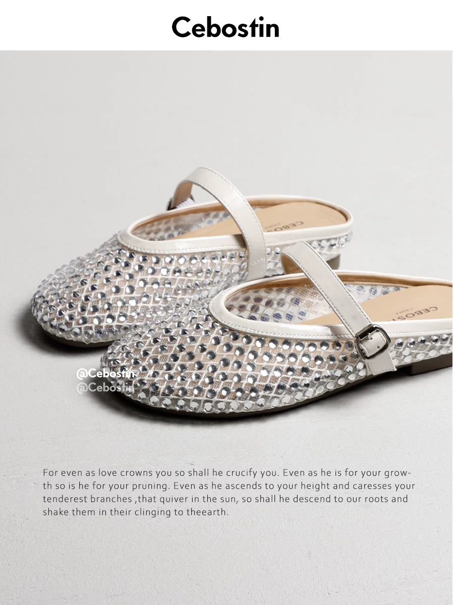 Cebostin One-word Buckle Bright Diamond Niche Hollow Half Slippers