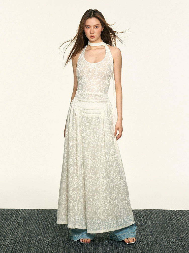 Aaisup Lace Jacquard Waist Thin Floral Skirt