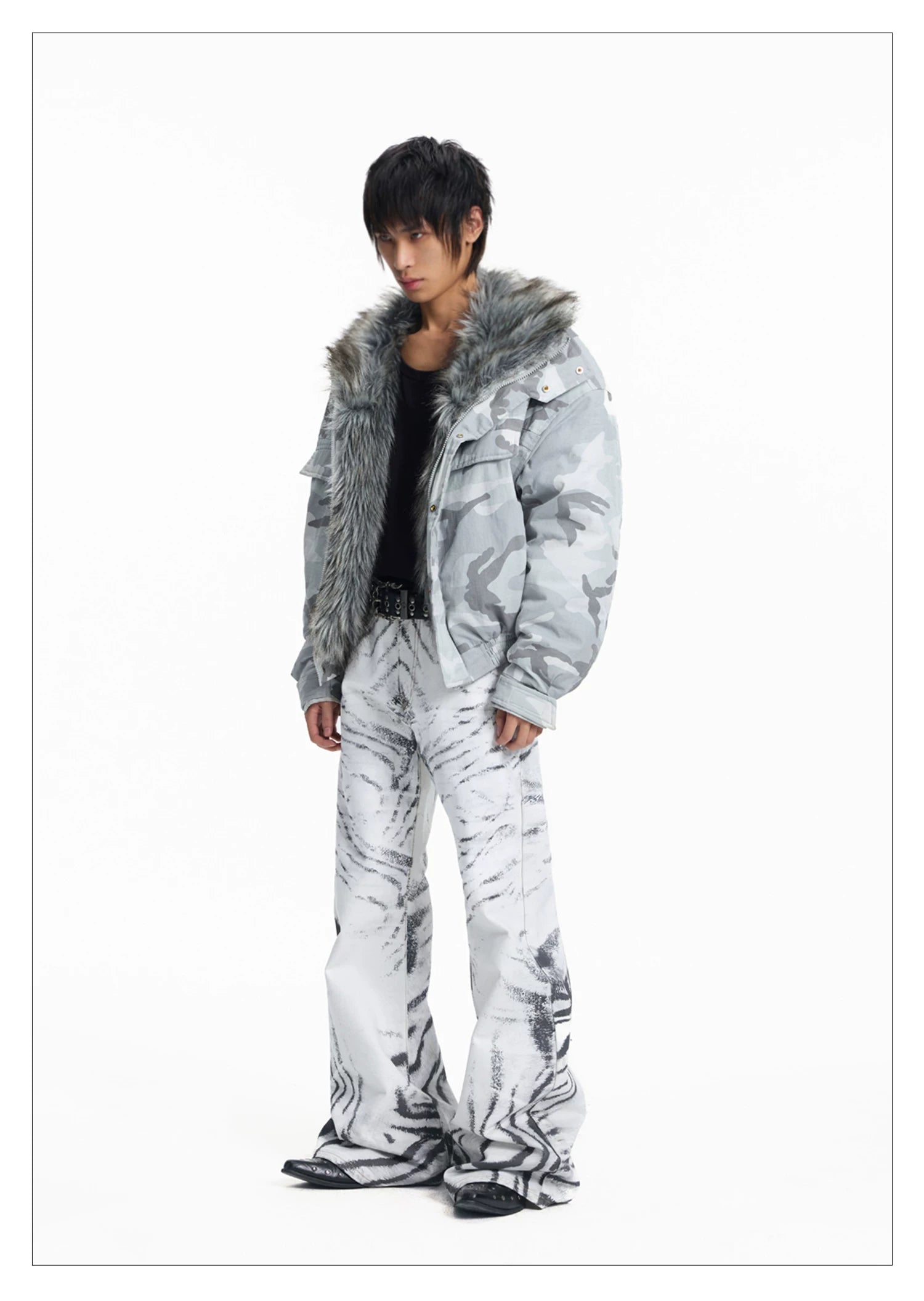 Lightinus Grey and White Camouflage Faux Wolf Hair Lapel Embroidered Padded Jacket