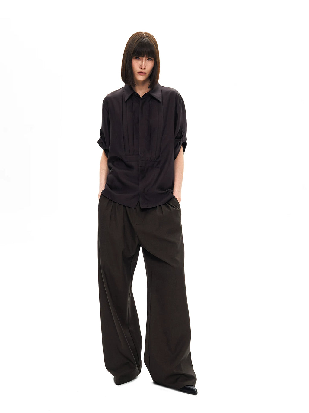 Slight Vogue Lapel Loose Large Pleated Short Sleeve Shirt