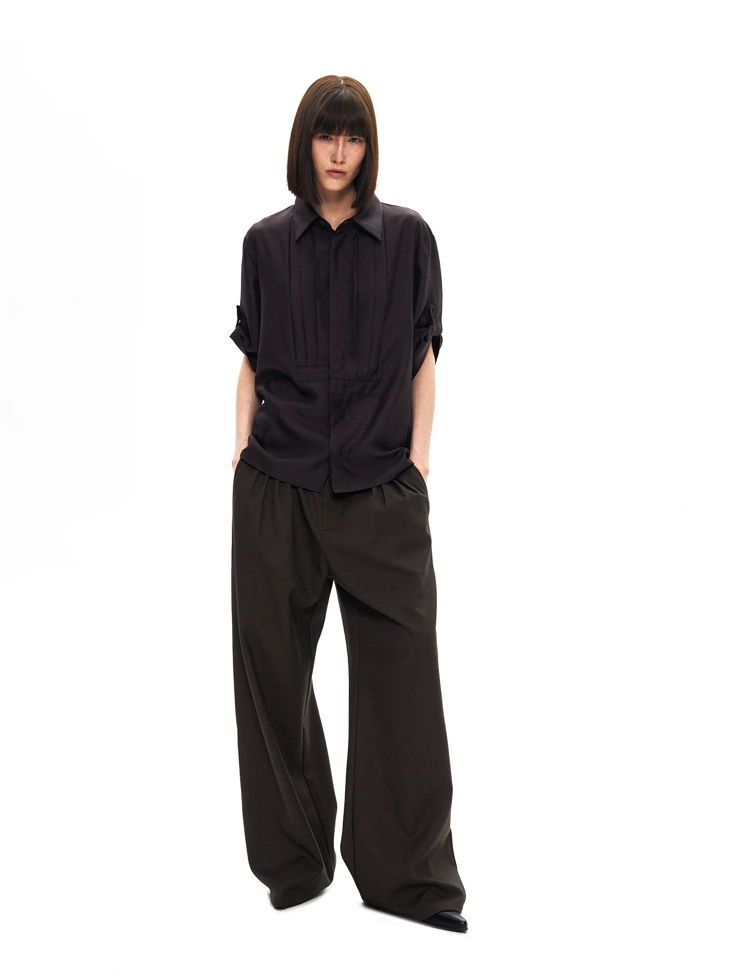 Slight Vogue Lapel Loose Large Pleated Short Sleeve Shirt