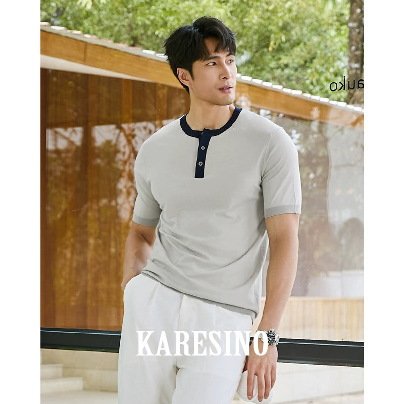 KARESINO Contrasting Color Splicing Cold Silk Cool Knitted Polo Shirt