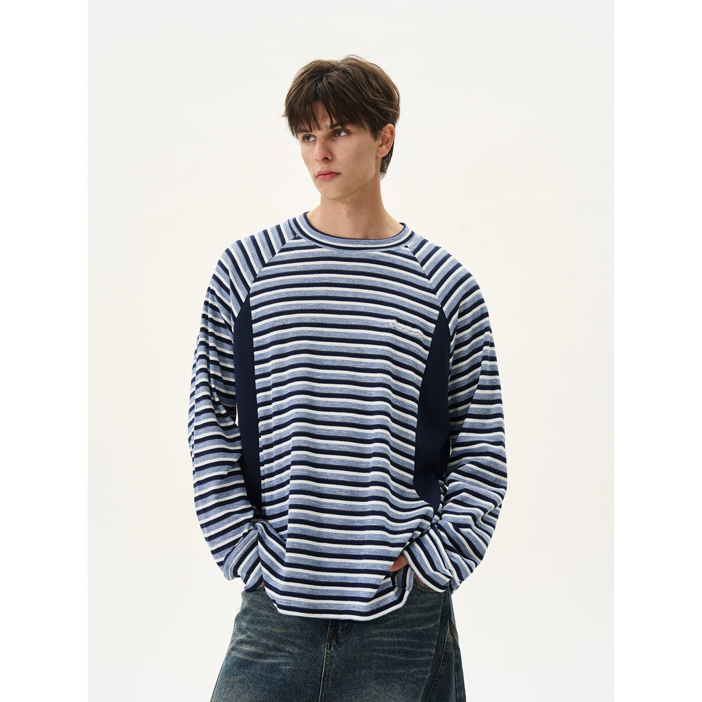 BTSG splicing striped texture waffle crew neck long-sleeved Tee