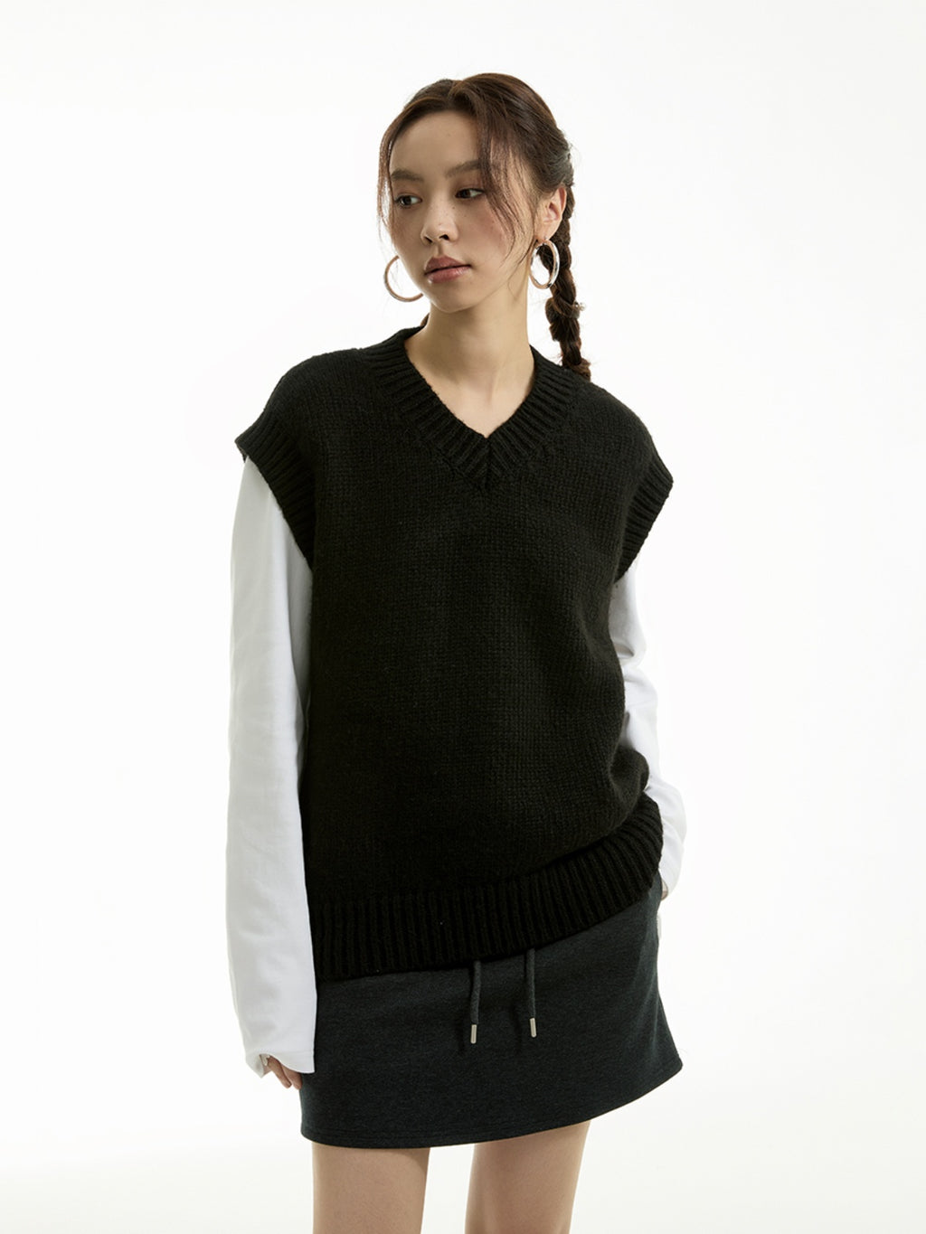 FUNKYFUN  Needle Sleeve Head V Neck Knitting Sweater Vest