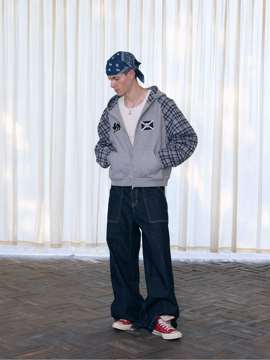 InsGale Contrast Checked Waffle Embroidered Hooded Cardigan Jacket