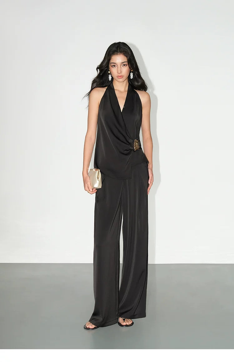 NEVA HU Pleated Satin V-neck Neck Vest Wide-leg Pants Set