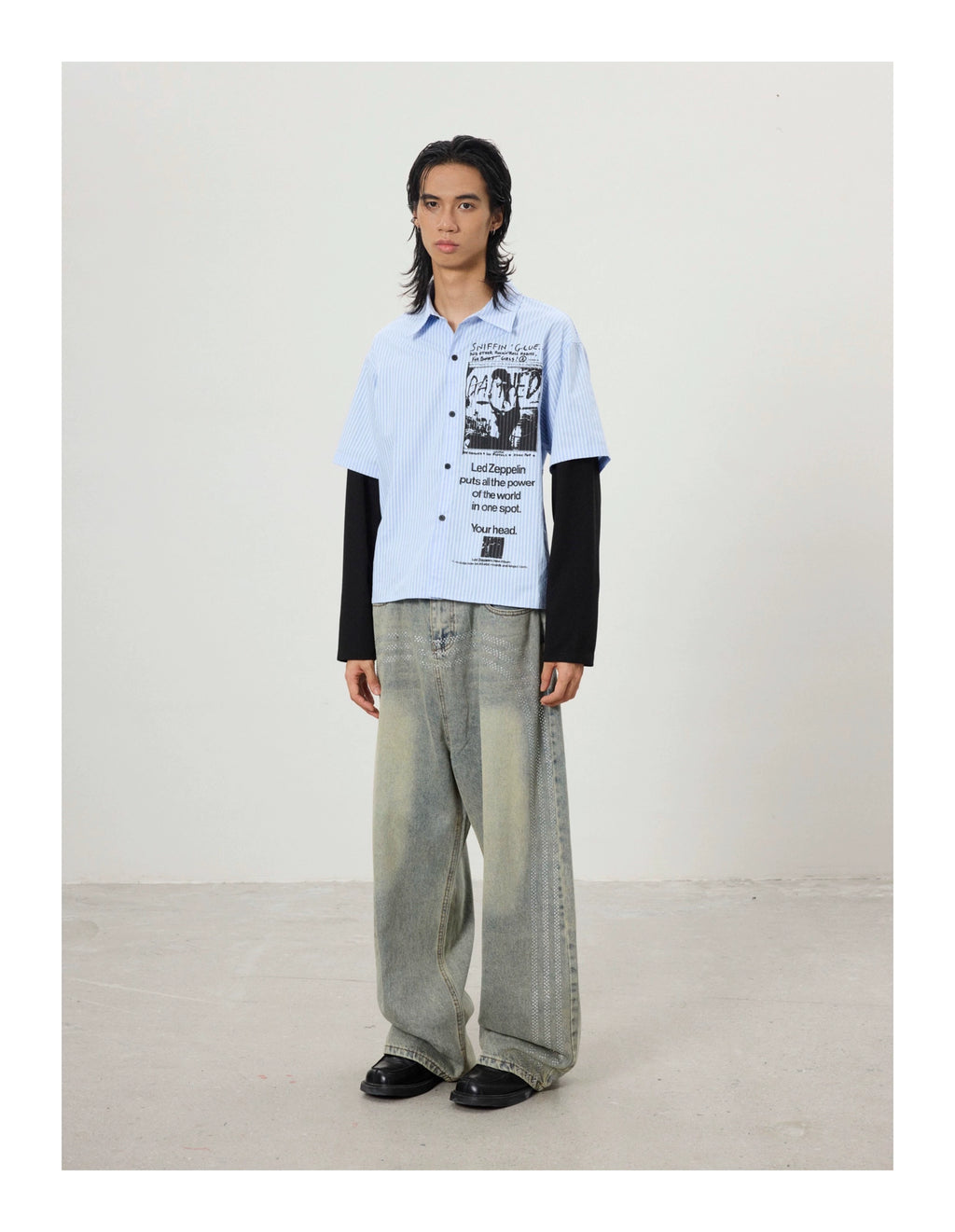 BTSG Vintage Graffiti Fake Two Piece Design Long Sleeve Shirt Jacket