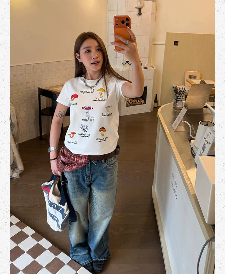 CCYE Mushroom Embroidery Front Shoulder Skinny Tee