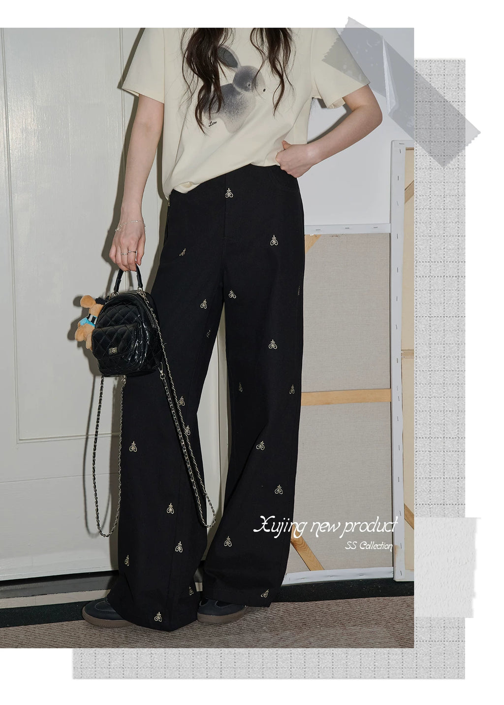 XUJING High-waisted Straight-leg Embroidered Slacks