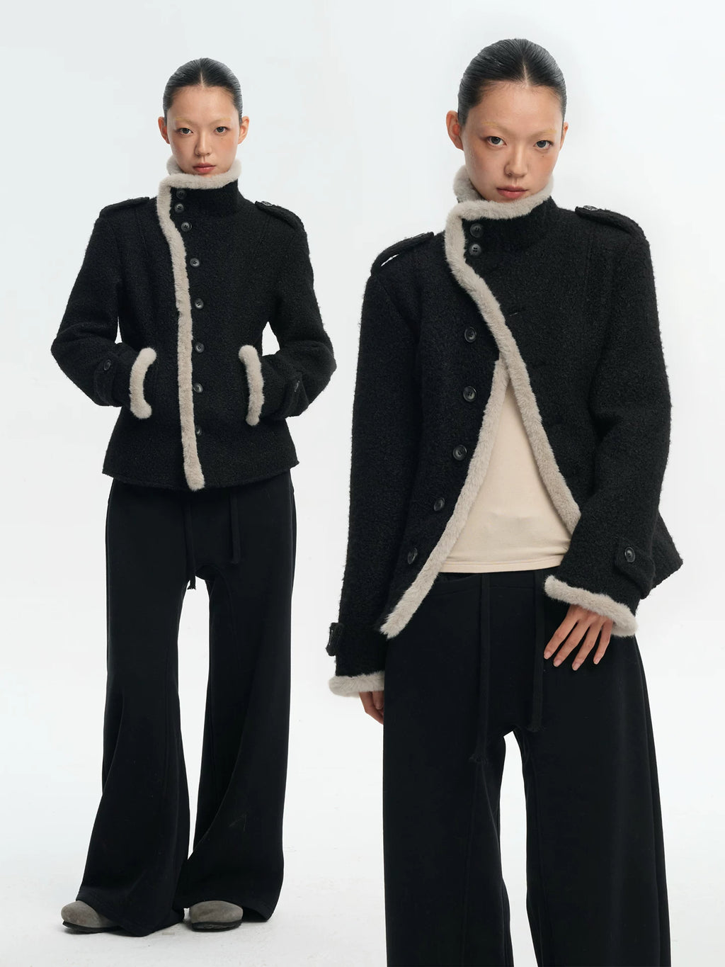 LINY LIBERTY Contrasting Top Stitching Stand-up Collar Woolen Jacket