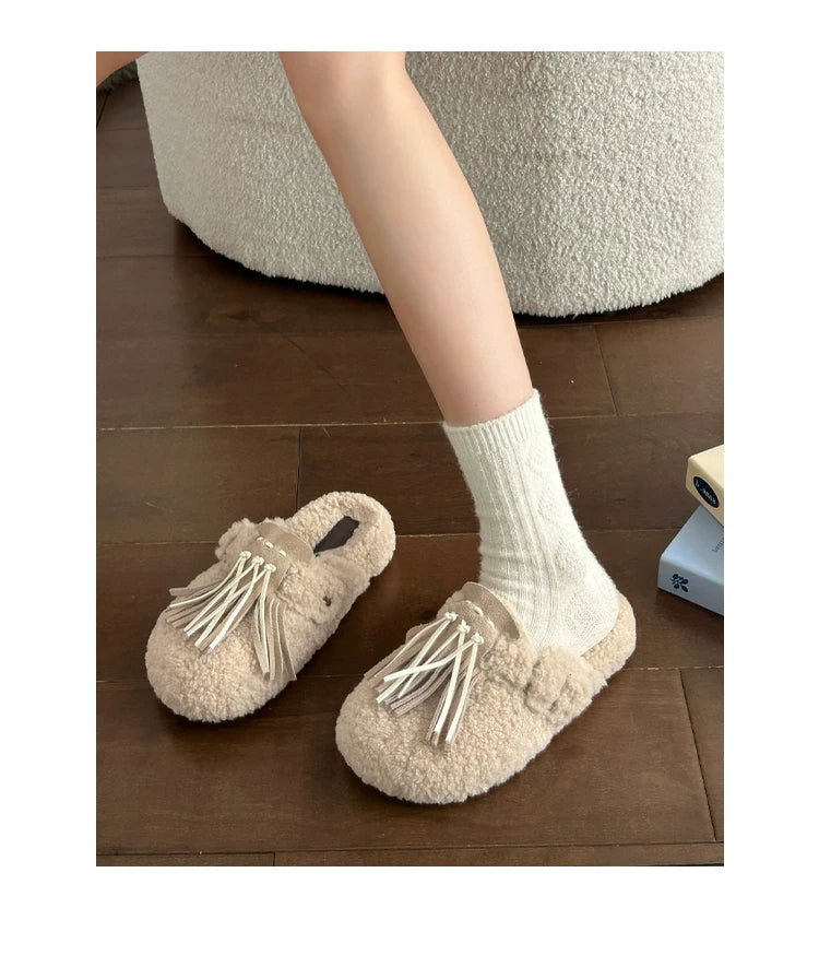 CHRNDXEE Leather Fringed One-pedal Flat-soled Fluffy Shoes