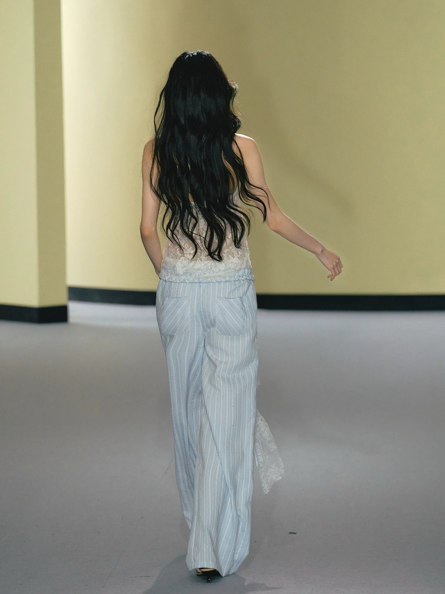 AGAM Striped Braided Drawstring Belt Slim Wide-leg Pants
