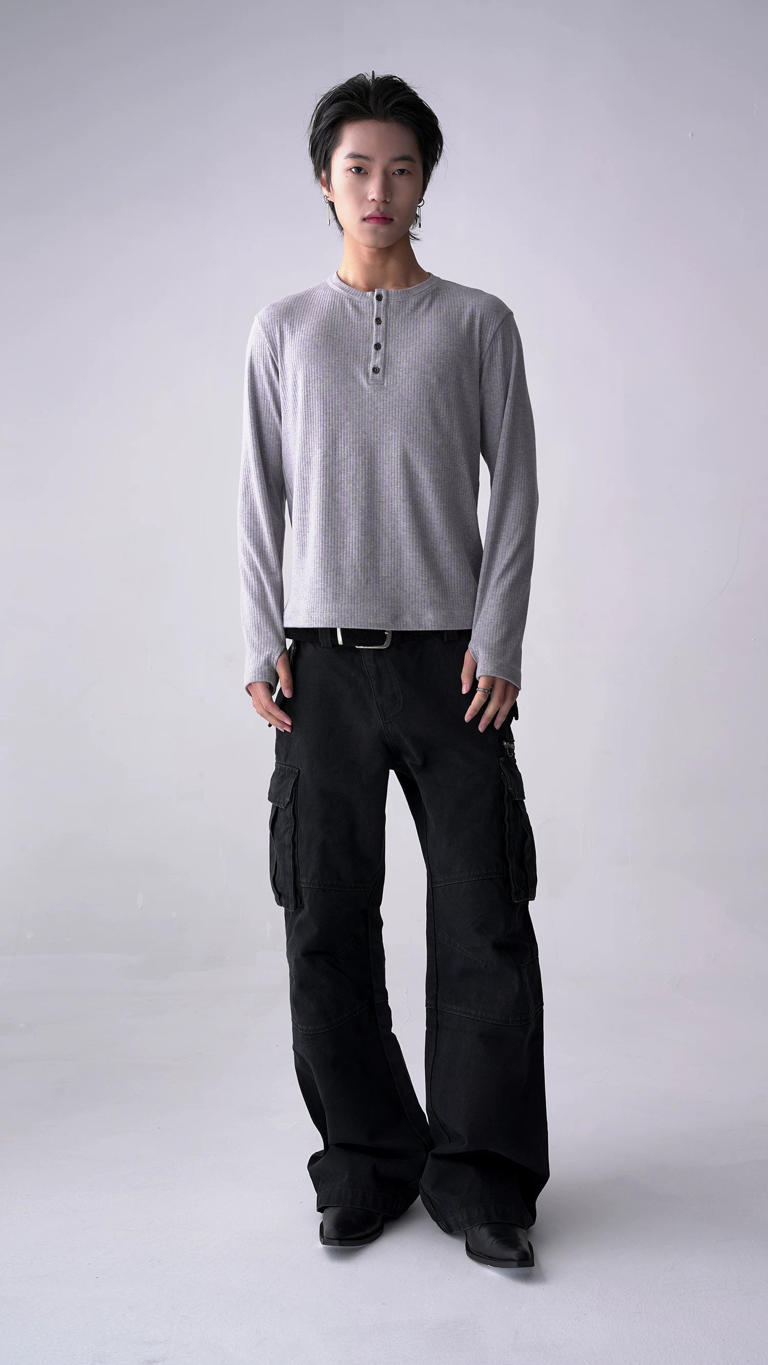 SOUTHFISH Casual Henry Neck Stretch Long Sleeve