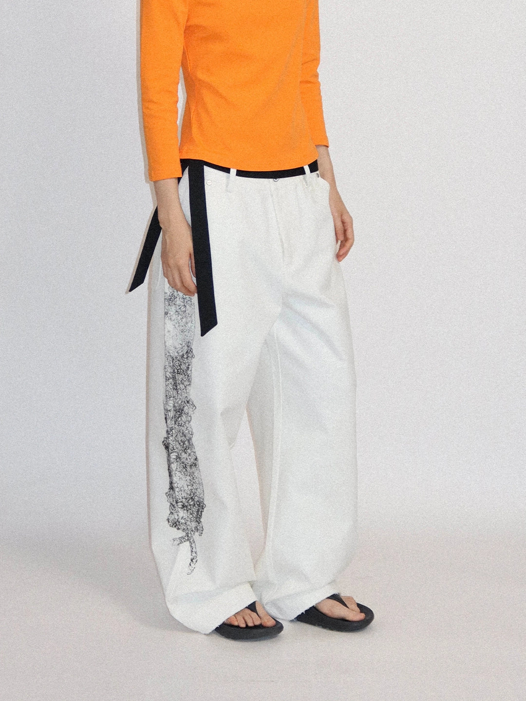 FUNKYFUN Lace Print Burrs Straight-leg Pants