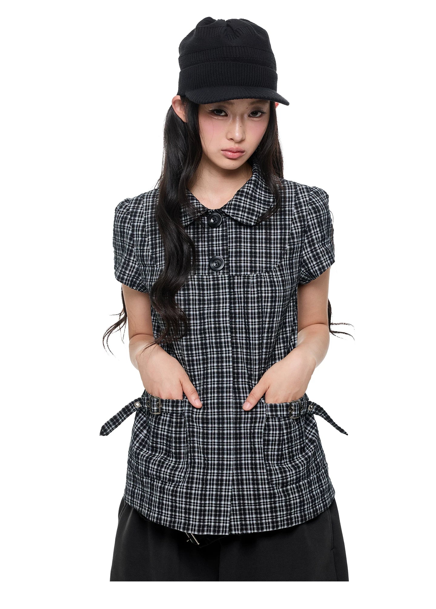 JIKOO Splicing Doll Collar Plaid Shirt Tee