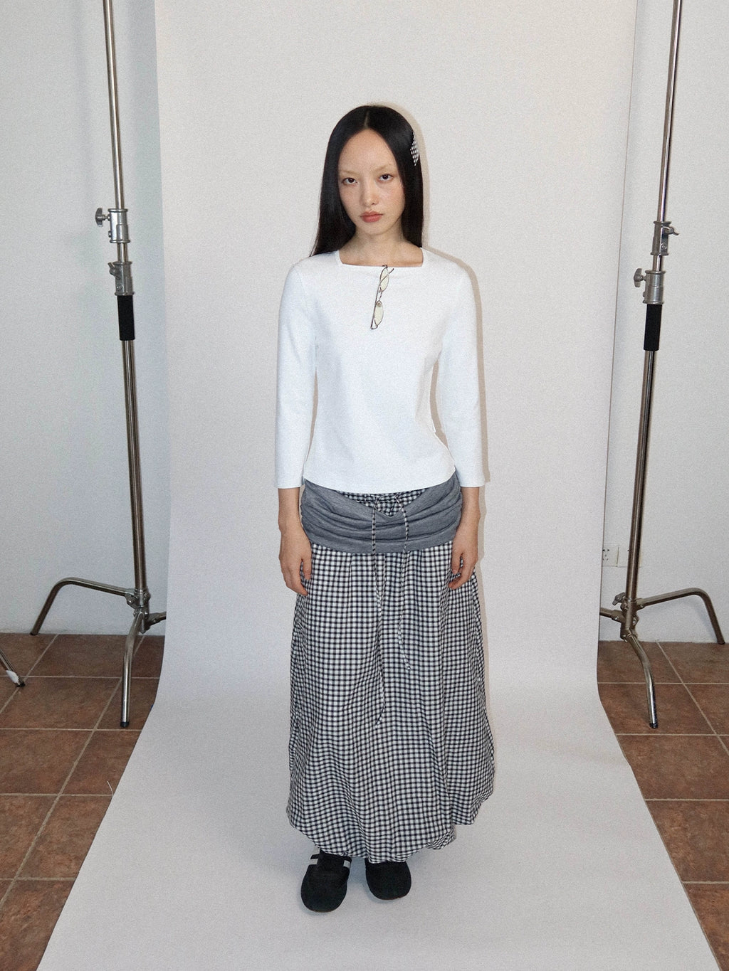 FUNKYFUN Splicing Pleated Plaid Pendulum Middle Skirt Bud Skirt