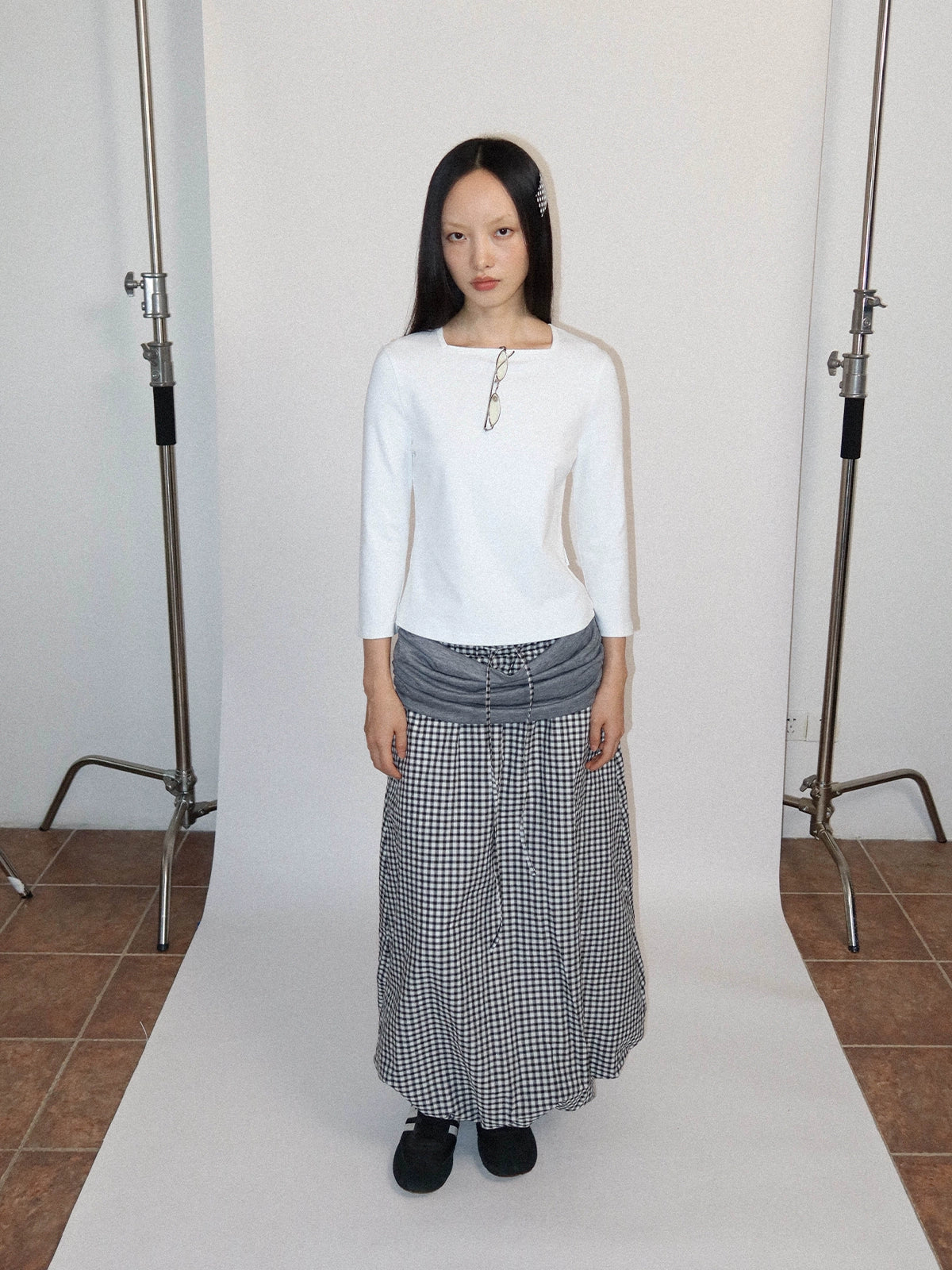 FUNKYFUN Splicing Pleated Plaid Pendulum Middle Skirt Bud Skirt