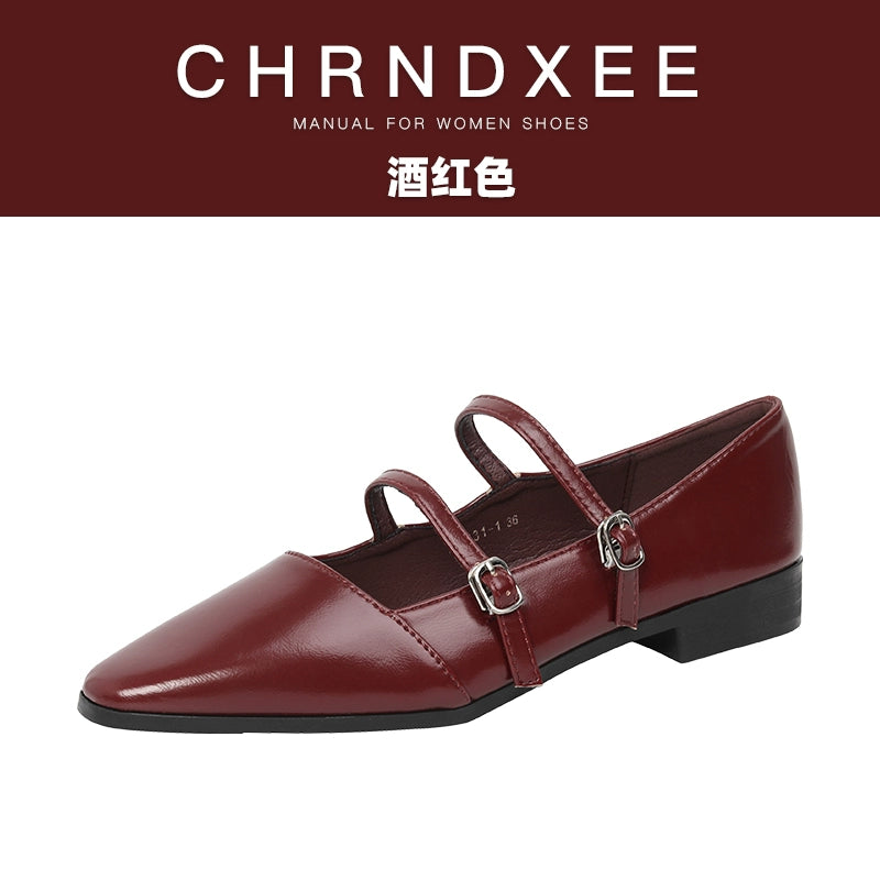 CHRNDXEE Square Head Retro Double Buckle with Light Mouth Single Shoes