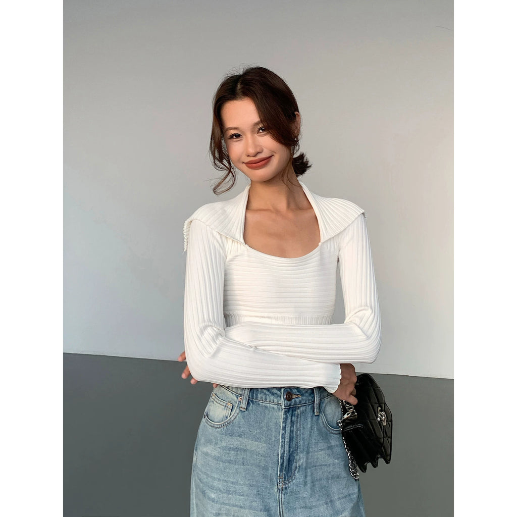 OUSPH Lapel Slim Knit Long Sleeves