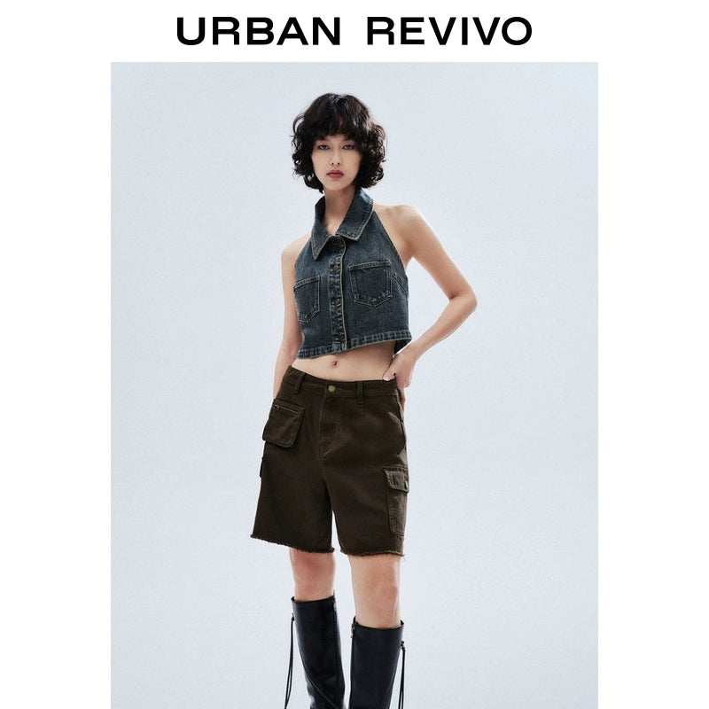 URBAN REVIVO Neck Halter Sleeveless Denim Shirt